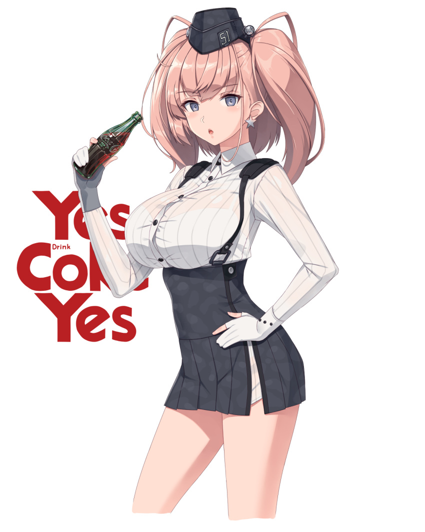 1girl, atlanta_(kancolle), black_headwear, black_skirt, bottle, breasts, brown_hair, coca-cola