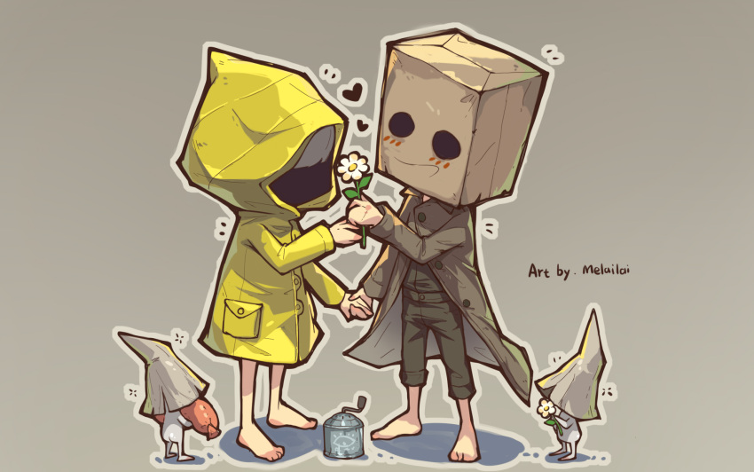 1boy, 1girl, artist_name, bag, bangs, barefoot, blush, brown_coat