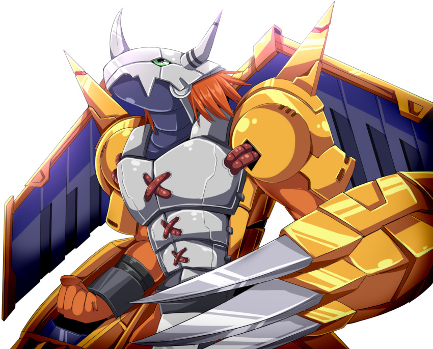 armor, breastplate, brown_hair, claws, clenched_hand, commentary_request, digimon, digimon_(creature), digimon_adventure, from_side, green_eyes, helmet, horns, looking_up, no_humans, pandacross, simple_background, solo, wargreymon, white_background, wings