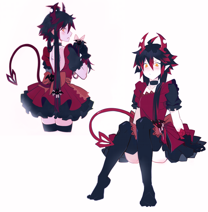 1boy, backless_dress, backless_outfit, black_hair, black_legwear, bow, choker, crossdressinging, demon_boy, demon_horns, demon_tail, dress, haiiro_teien, horns, ivlis, multicolored_hair, pointy_ears, puffy_short_sleeves, puffy_sleeves, redhead, sebychu, shoes_removed, short_sleeves, tail, thigh-highs, two-tone_hair, yellow_eyes