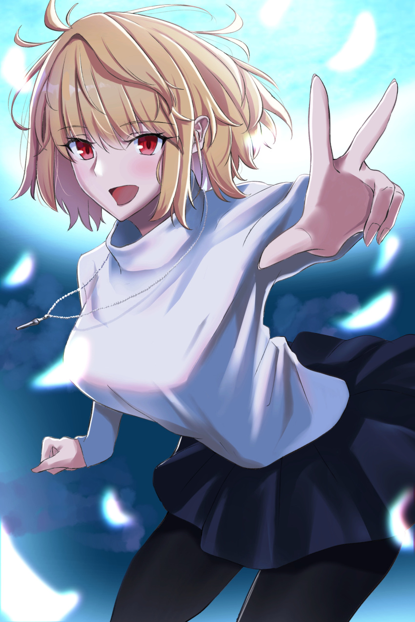 1girl, :d, absurdres, arcueid_brunestud, bangs, black_legwear, blonde_hair, blue_skirt