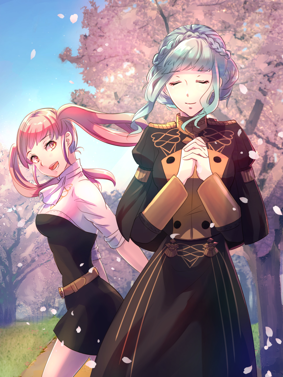 2girls, :d, bangs, belt, black_dress, black_jacket, black_skirt, blue_hair, blue_sky, braid, breasts, brown_belt, closed_eyes, commentary_request, cowboy_shot, crown_braid, day, dress, fire_emblem, fire_emblem:_three_houses, garreg_mach_monastery_uniform, hands_up, highres, hilda_valentine_goneril, interlocked_fingers, jacket, juliet_sleeves, long_hair, long_sleeves, looking_at_viewer, marianne_von_edmund, medium_breasts, multiple_girls, open_mouth, outdoors, own_hands_together, pink_hair, puffy_sleeves, revision, riou_(pooh920), shirt, short_dress, short_hair, short_sleeves, skirt, skirt_set, sky, smile, standing, twintails, white_shirt