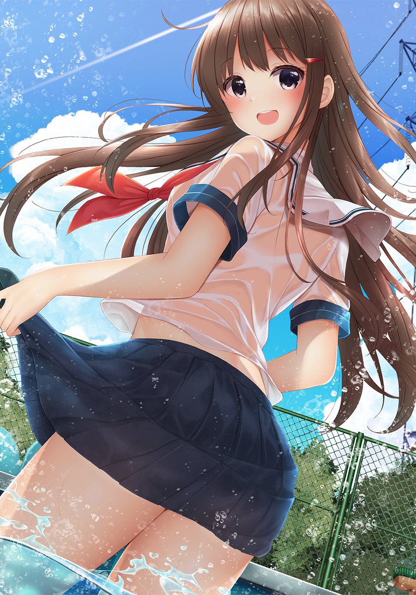 1girl, :d, blue_eyes, blue_skirt, blue_sky, blush, brown_hair, clouds, fence, hair_ornament, hairclip, highres, long_hair, looking_at_viewer, looking_back, minato_ojitan, neckerchief, open_mouth, original, outdoors, pleated_skirt, pool, red_neckwear, sailor_collar, school_uniform, serafuku, shirt, short_sleeves, skirt, skirt_lift, sky, smile, solo, standing, tree, uniform, wading, water, water_drop, wet, wet_clothes, wet_shirt, white_sailor_collar, white_shirt