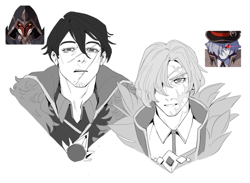 2boys, bangs, black_hair, black_shirt, brooch, collared_shirt, commentary, ears