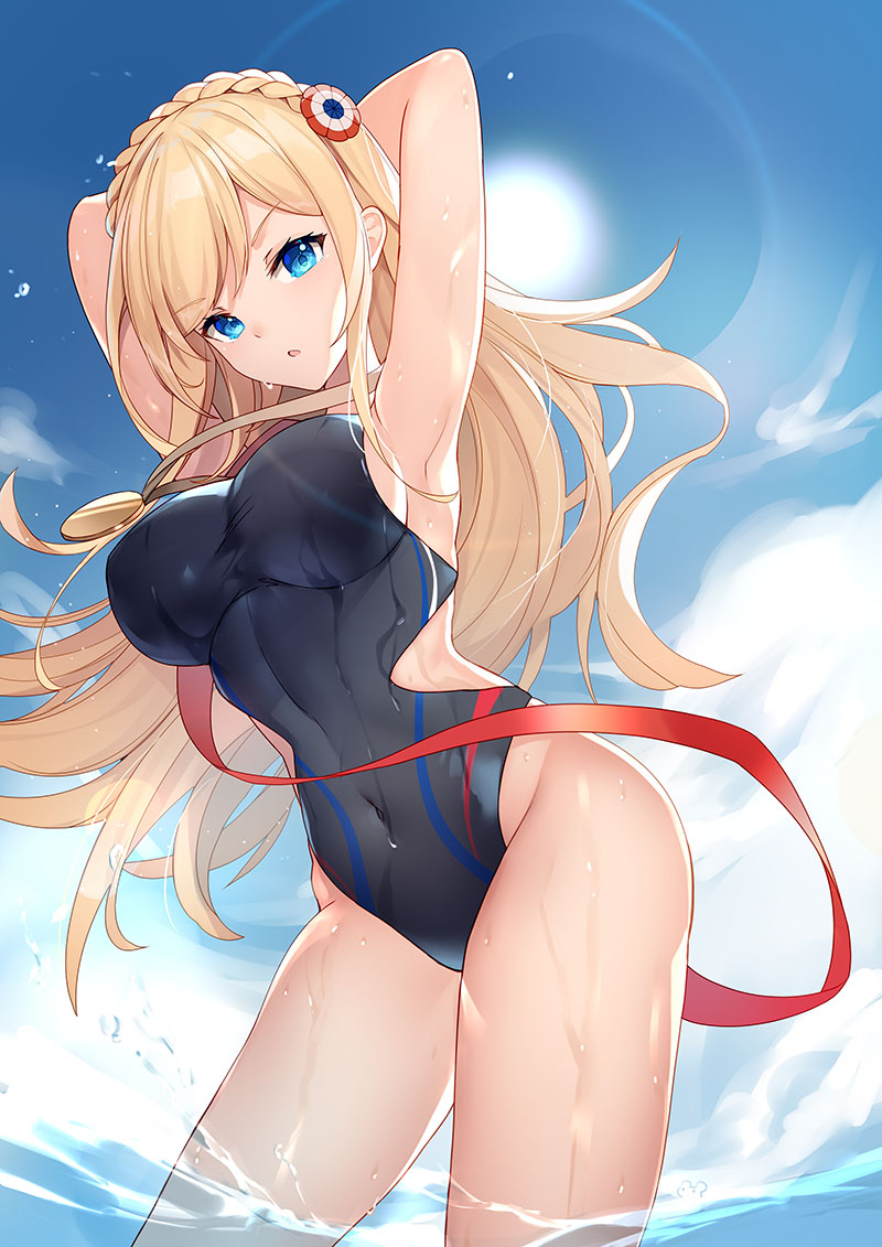 1girl, :o, armpits, arms_up, bare_hips, bison_cangshu, black_swimsuit, blonde_hair