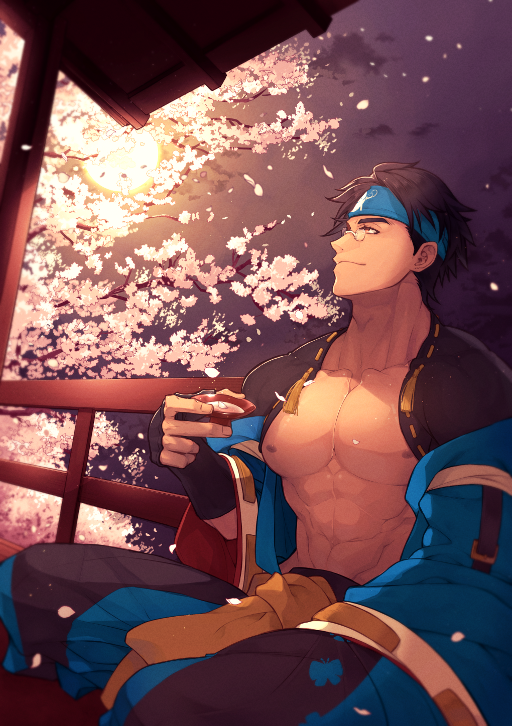 1boy, aya_(pixiv73672), bare_pecs, black_hair, blue_hairband, brown_eyes, candle, cherry_blossoms