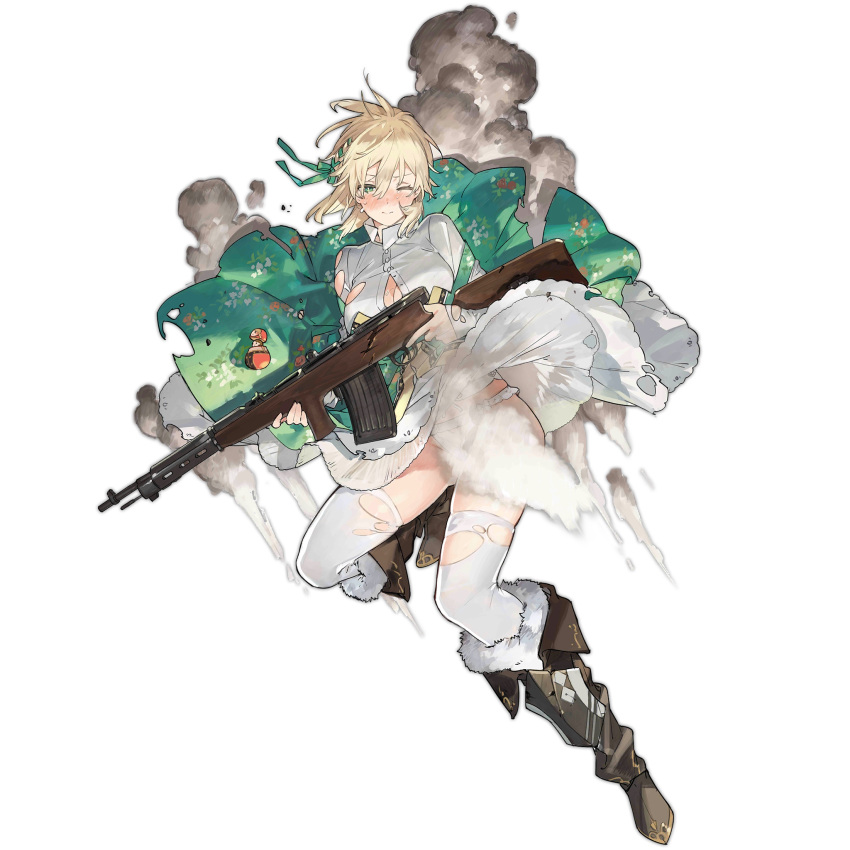 1girl, assault_rifle, blonde_hair, blush, boots, breasts, brown_footwear, closed_mouth