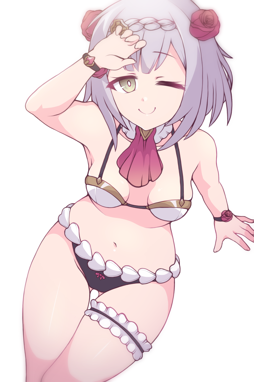 1girl, ;), ass_visible_through_thighs, bangs, bikini, bracelet, braid, breasts, bright_pupils, cowboy_shot, cravat, eyebrows_visible_through_hair, flower, from_above, genshin_impact, green_eyes, hair_flower, hair_ornament, highres, jewelry, leg_garter, maid_bikini, noelle_(genshin_impact), one_eye_closed, red_flower, red_neckwear, rose, short_hair, silver_hair, simple_background, small_breasts, smile, solo, swimsuit, thigh_gap, wannabepyx, white_background, white_pupils