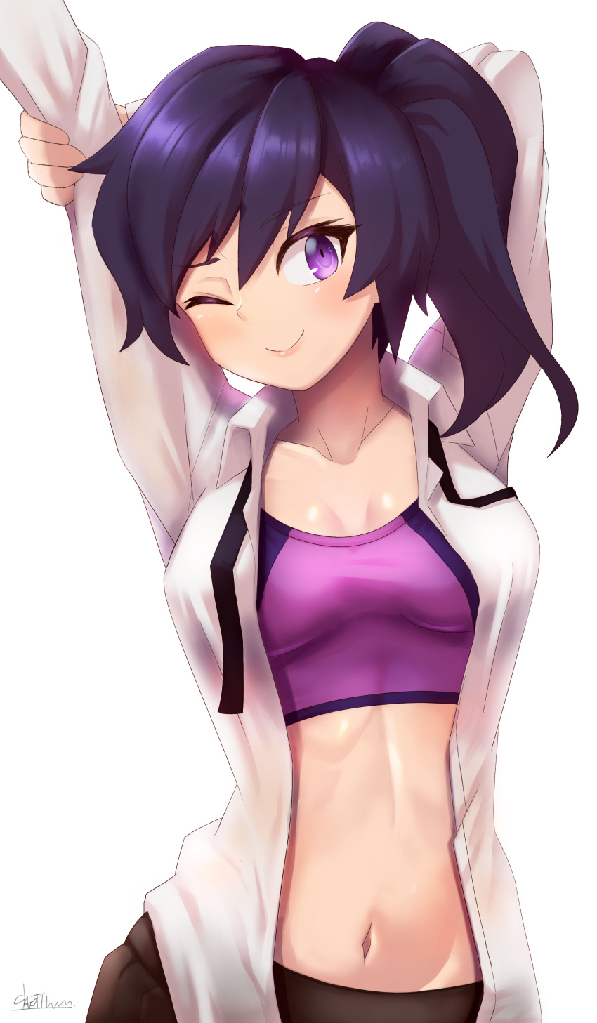 1girl, absurdres, arm_behind_head, arms_up, artist_name, black_hair, blush, breasts