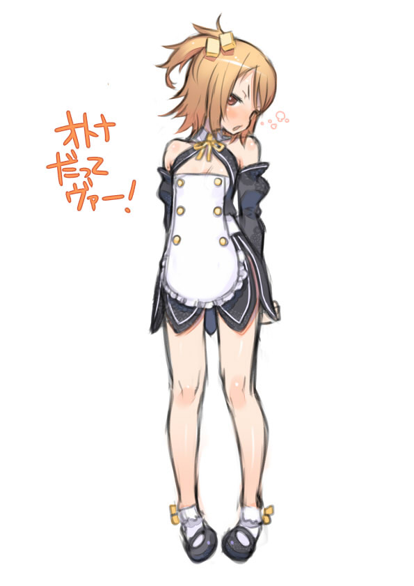 dream_c_club, drunk, flat_chest, hair_cubes, hair_ornament, kuroboshi_kouhaku, legs, setsu_(dream_c_club), setu_(dream_c_club), sketch, solo, translated, translation_request, waitress