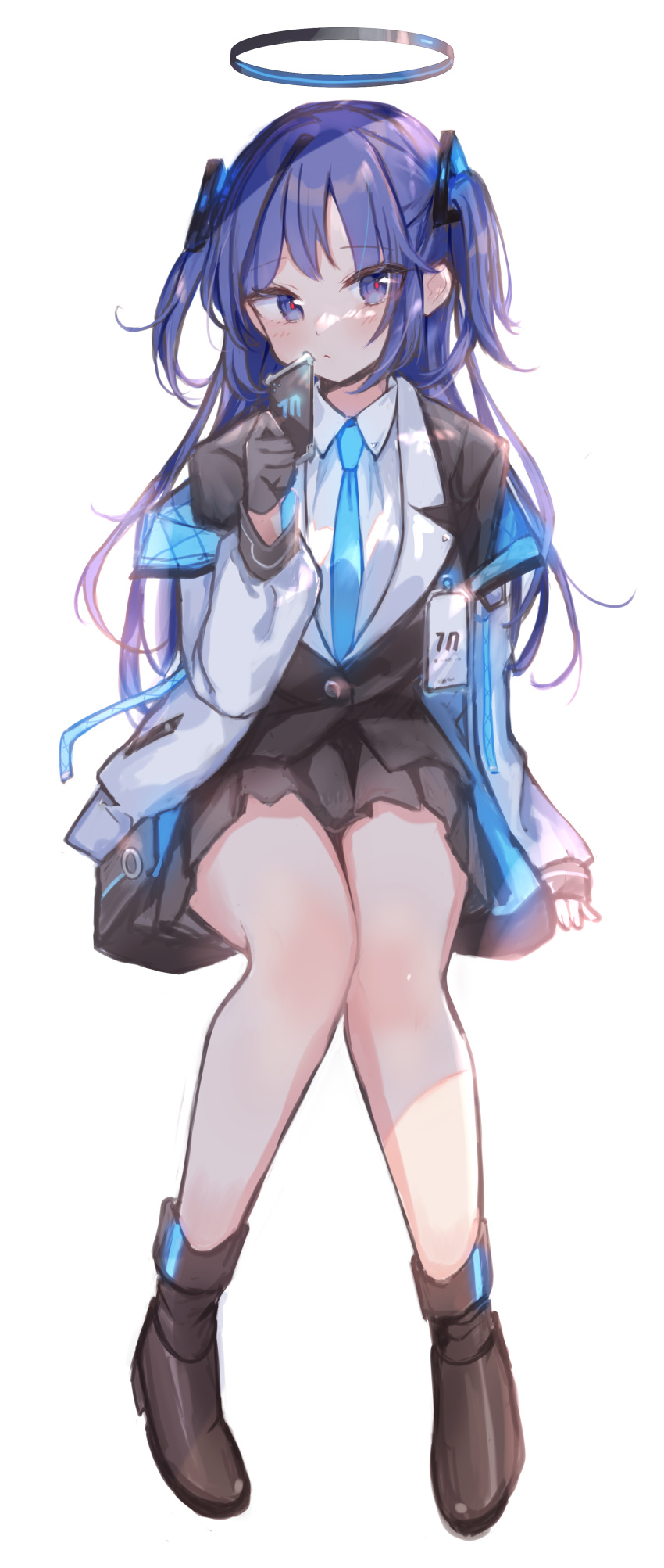 1girl, absurdres, black_footwear, black_gloves, black_skirt, black_vest, blue_archive, blue_eyes