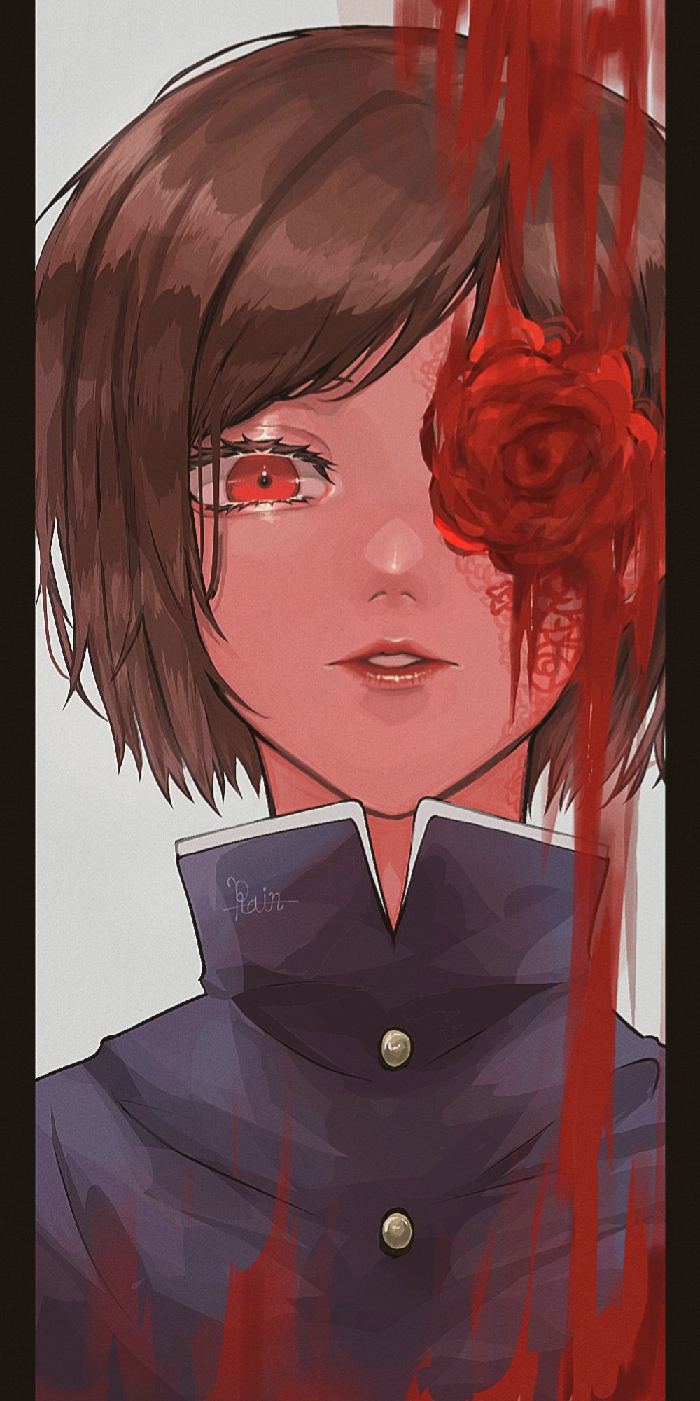 1girl, alternate_eye_color, blood, brown_hair, commentary, flower, flower_over_eye, highres