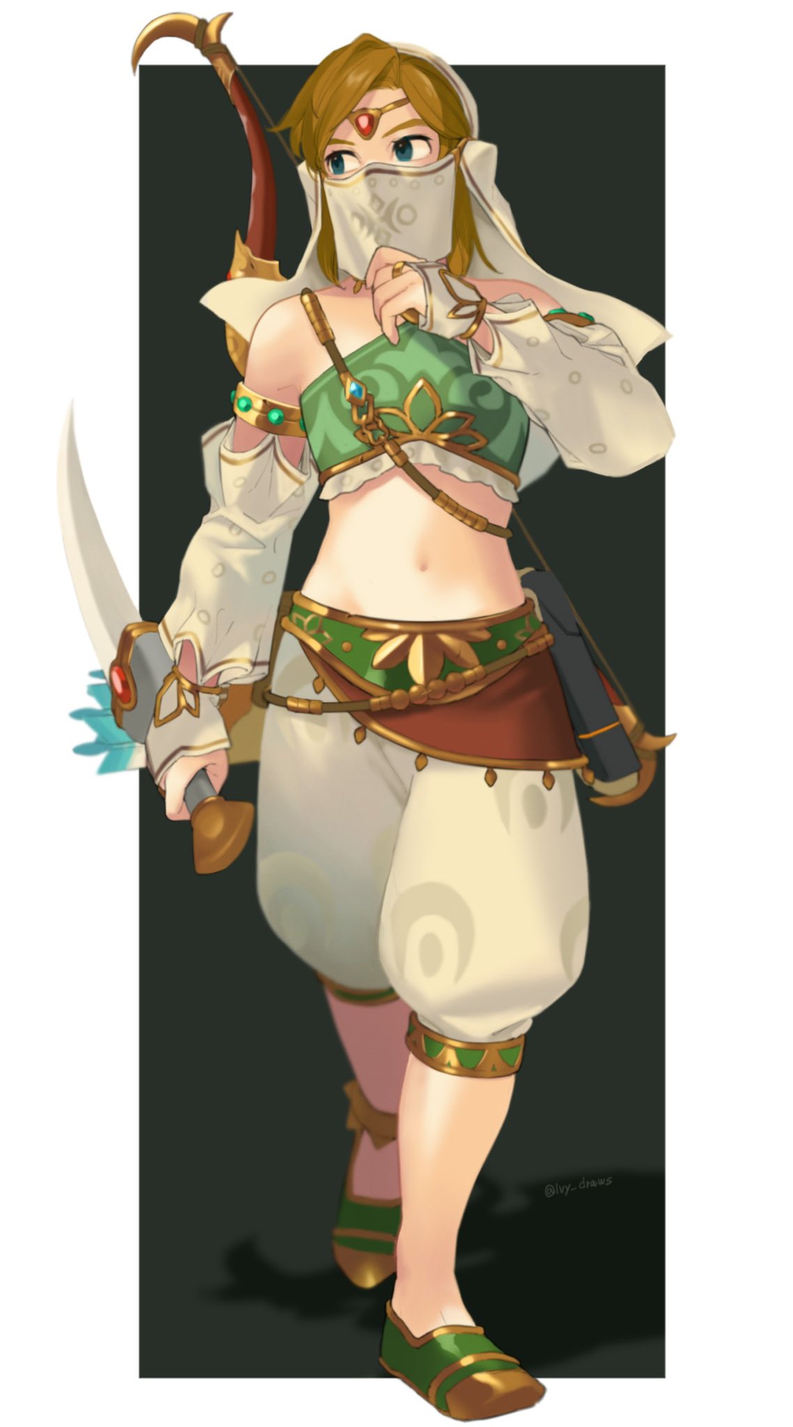 1boy, alternate_color, arabian_clothes, armlet, artist_name, bare_shoulders, black_background, blonde_hair