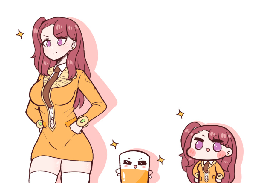 2girls, breasts, bulga, chibi, dress, eyebrows_visible_through_hair, gm_orangeade, hands_on_hips