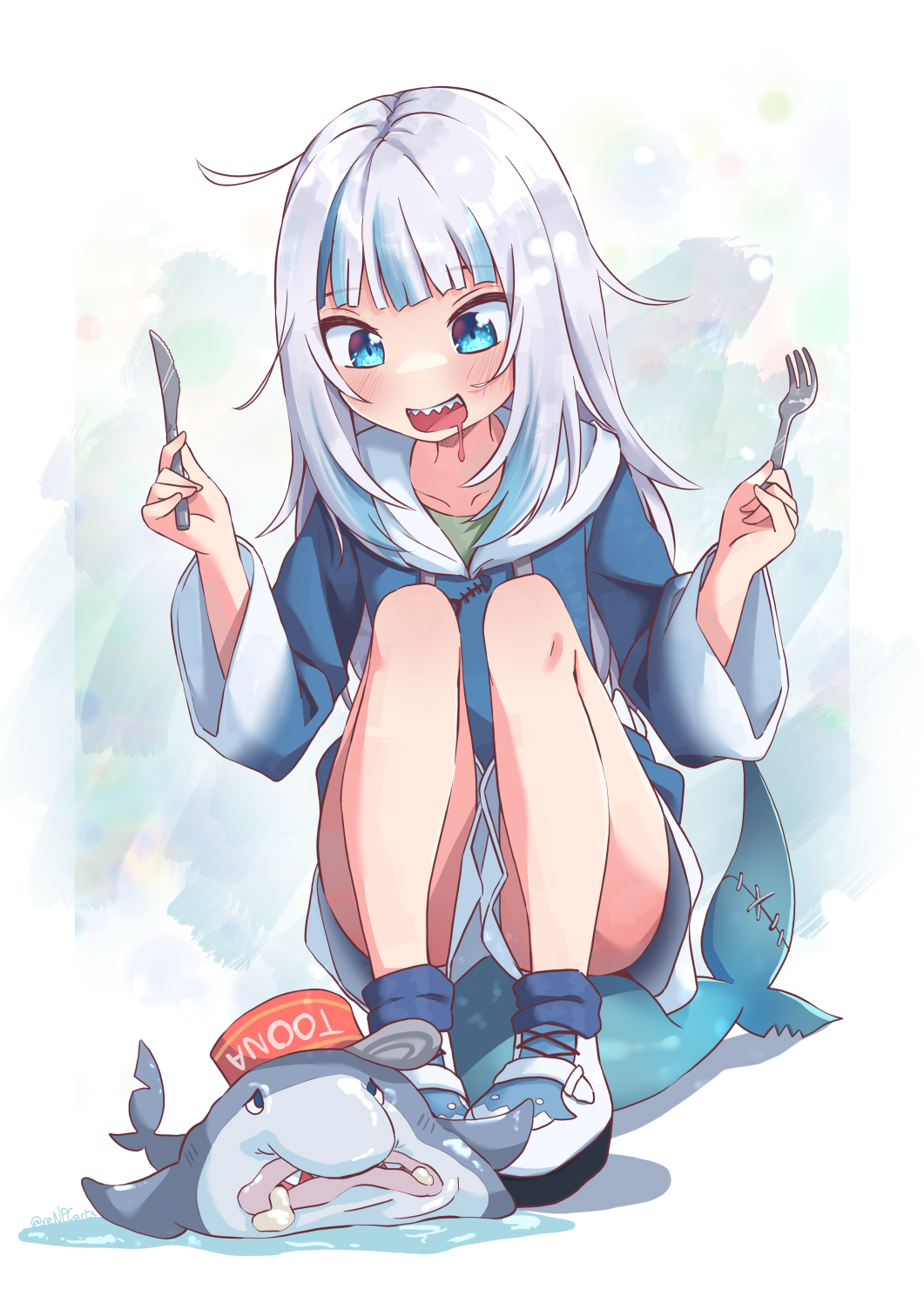 1girl, ahoge, blobfish, bloop_(gawr_gura), blue_eyes, blue_hair, blush, english_commentary, fish, fish_tail, fork, gawr_gura, highres, hololive, hololive_english, hood, hood_down, knife, long_hair, long_sleeves, multicolored_hair, open_mouth, renpc, shark_tail, sharp_teeth, squatting, stitches, streaked_hair, tail, teeth, virtual_youtuber, white_background, white_hair