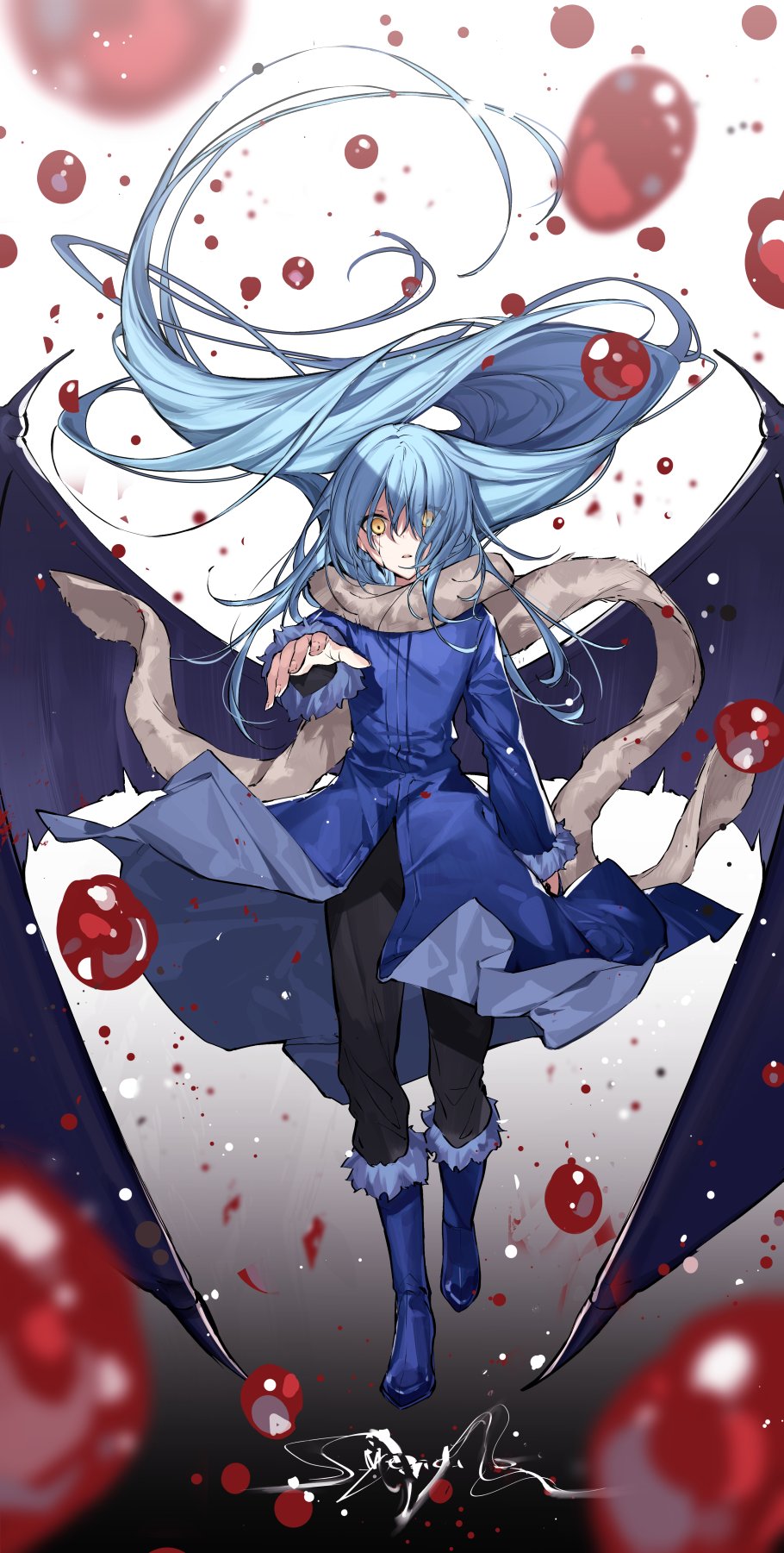 1other, androgynous, bangs, bat_wings, blood, blood_drop, blue_footwear, blue_hair, blurry, blurry_foreground, boots, eyes_visible_through_hair, full_body, fur-trimmed_boots, fur-trimmed_jacket, fur-trimmed_sleeves, fur_scarf, fur_trim, gradient, gradient_background, hair_between_eyes, hanagata, highres, jacket, long_hair, long_sleeves, looking_at_viewer, one_eye_covered, open_mouth, rimuru_tempest, scarf, simple_background, solo, tensei_shitara_slime_datta_ken, very_long_hair, wings, yellow_eyes