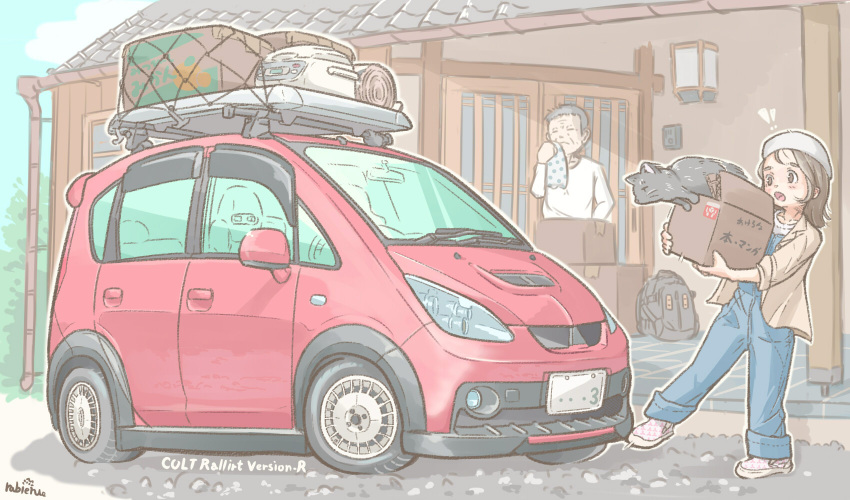 1boy, 1girl, :o, backpack, backpack_removed, bag, beige_jacket, blush, box, car, cardboard_box, cat, denim, ground_vehicle, highres, jeans, medium_hair, mitsubishi_colt, mitsubishi_motors, motor_vehicle, old, old_man, open_mouth, original, pants, rabienu, vehicle_focus, white_headwear