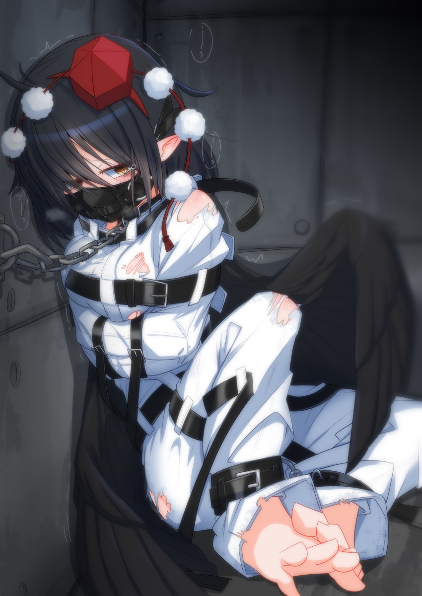 1girl, absurdres, barefoot, bdsm, belt_buckle, bird_wings, black_hair, black_wings