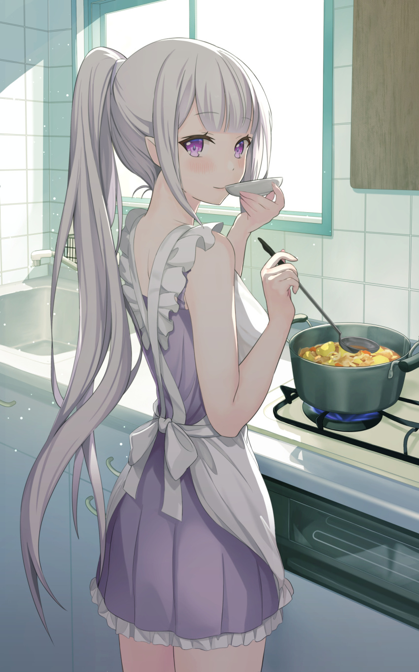 1girl, absurdres, alternate_costume, apron, bangs, bare_shoulders, blunt_bangs, blush