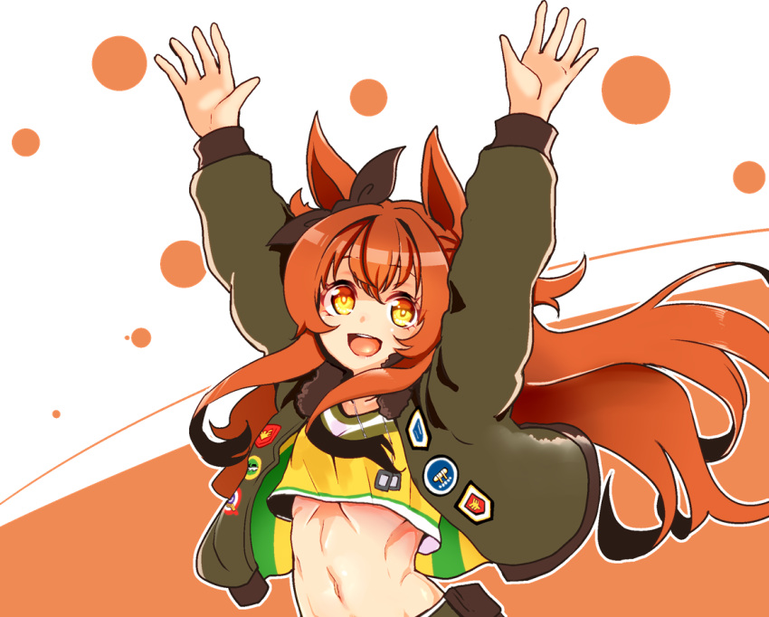 1girl, animal_ears, arms_up, bomber_jacket, dog_tags, hair_ornament, horse_ears, jacket