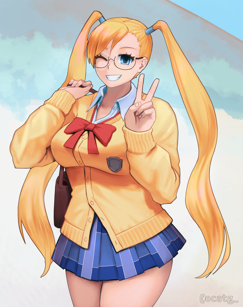 1girl, ;d, asymmetrical_bangs, bangs, bare_legs, bespectacled, black-framed_eyewear, blonde_hair, blue_eyes, blue_skirt, bow, breasts, cardigan, cosplay, crest, fingernails, galko, galko_(cosplay), glasses, highres, large_breasts, legs_together, long_hair, looking_at_viewer, ocatg, one_eye_closed, open_mouth, oshiete!_galko-chan, partially_unbuttoned, plaid, plaid_skirt, rainbow_mika, red_bow, red_neckwear, school_briefcase, semi-rimless_eyewear, skirt, smile, solo, standing, street_fighter, thighs, twintails, twitter_username, under-rim_eyewear, v, very_long_hair, yellow_cardigan
