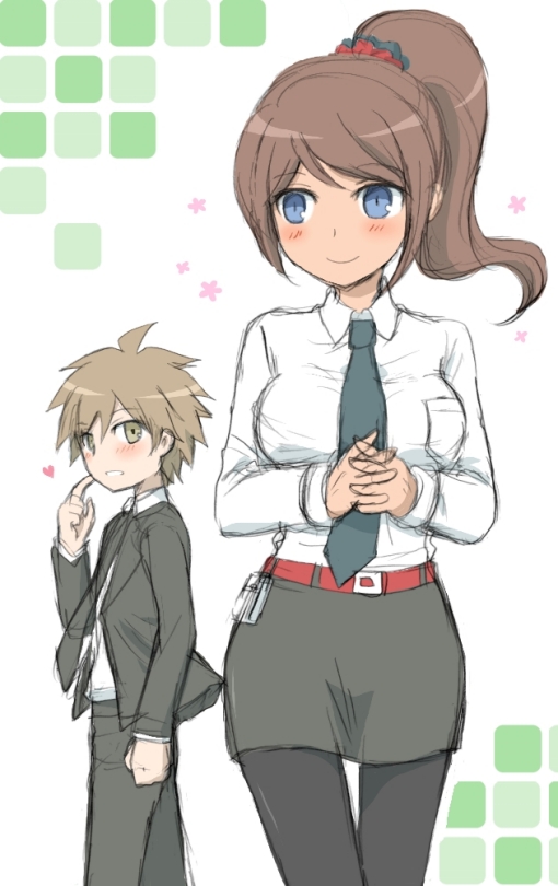 1boy, 1girl, asahina_aoi, bangs, belt, black_jacket, black_legwear, blue_eyes