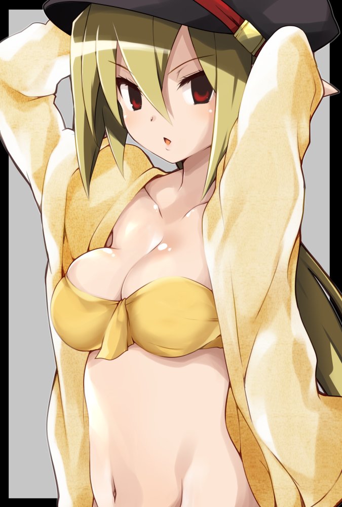 1girl, bikini, blonde_hair, breasts, collarbone, disgaea, hat, iwashi_dorobou_-r-