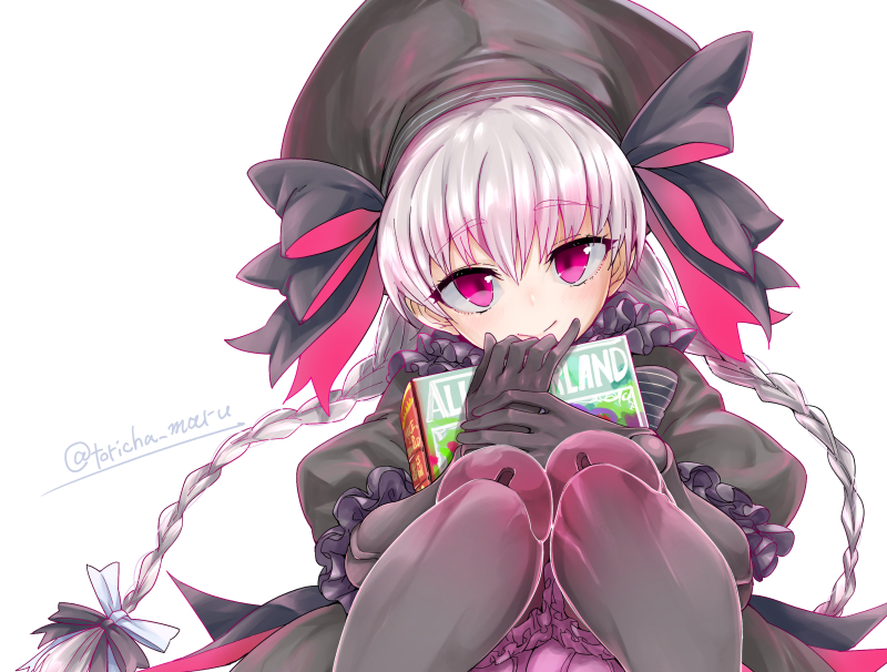 alice_(fate), bangs, beret, black_dress, black_headwear, blush, book, bow