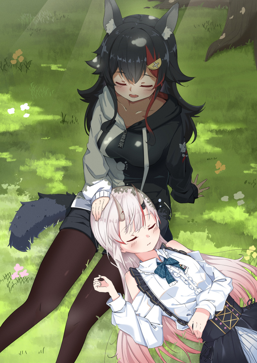 2girls, absurdres, alternate_hairstyle, animal_ear_fluff, animal_ears, black_hair, black_hoodie, black_legwear