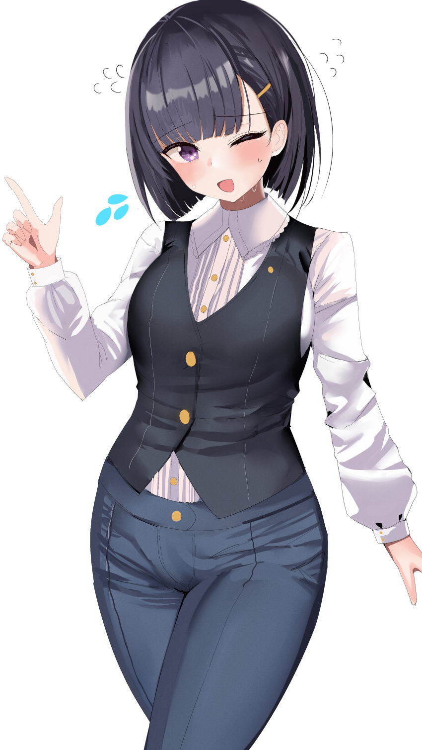 1girl, absurdres, black_hair, black_vest, blue_pants, blush, breasts, collared_shirt