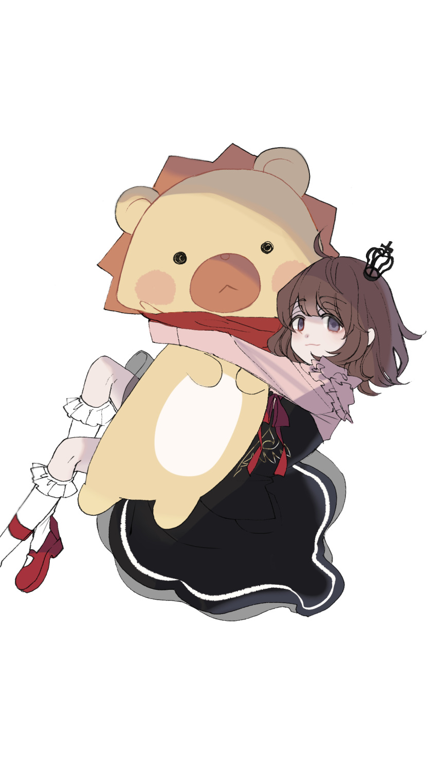 1girl, ahoge, black_skirt, blue_eyes, brown_hair, closed_mouth, crown_hair_ornament, frilled_legwear