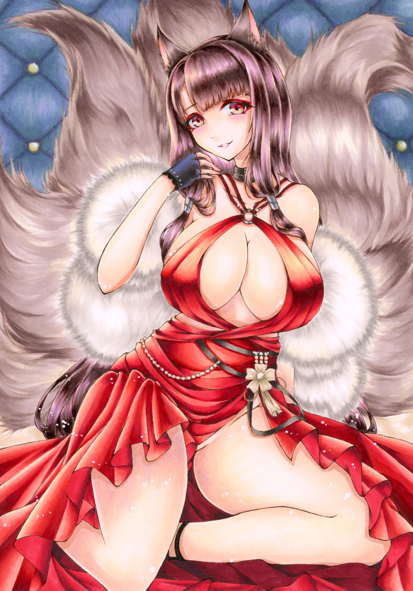 1girl, absurdres, akagi_(azur_lane), akagi_(blushing_intoxication)_(azur_lane), animal_ears, azur_lane, bare_shoulders, black_gloves