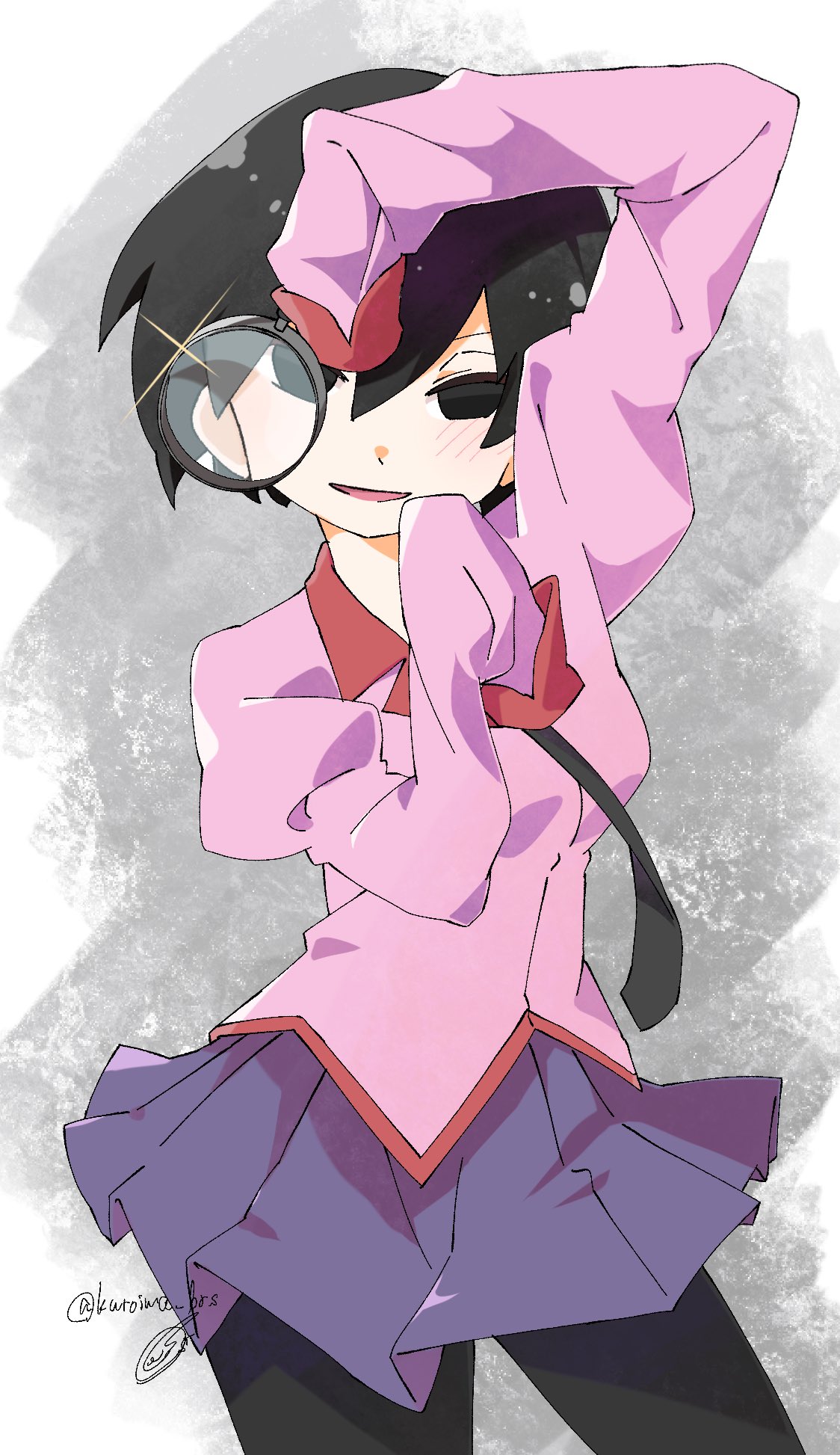 1girl, bangs, black_eyes, black_hair, black_legwear, blush, bob_cut, highres