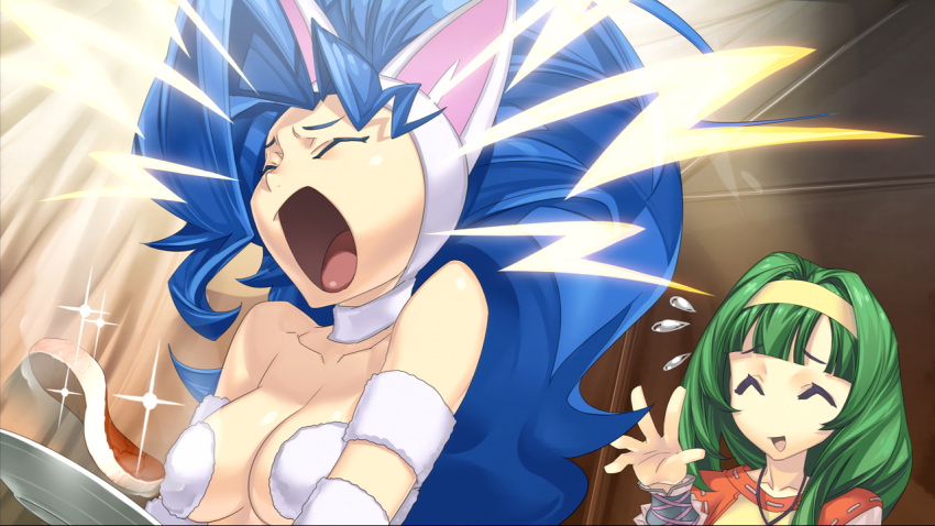 aiba_mikoto, animal_ears, blue_hair, capcom, cat_ears, closed_eyes, cross_edge, felicia