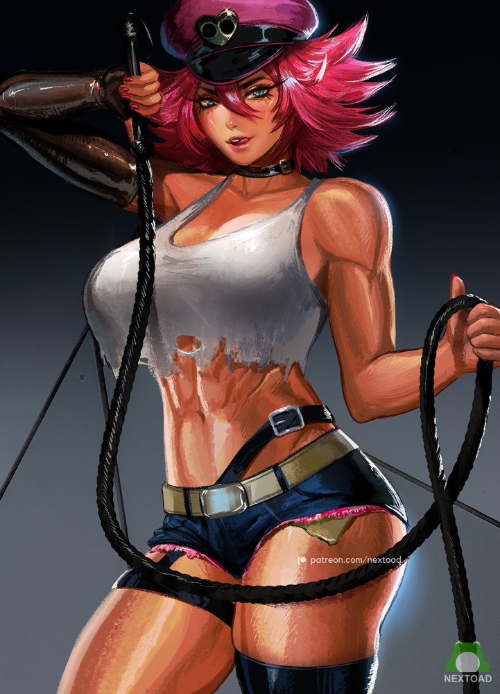 1girl, abs, bare_shoulders, belt, black_choker, black_gloves, blue_eyes, breasts