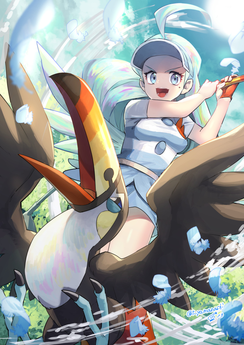 1girl, ahoge, artist_name, breasts, commentary_request, elite_four, feathers, from_below