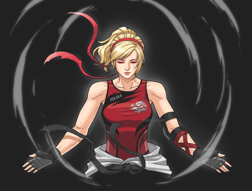 1girl, belt, black_belt, blonde_hair, breasts, dougi, english_commentary, eyeshadow