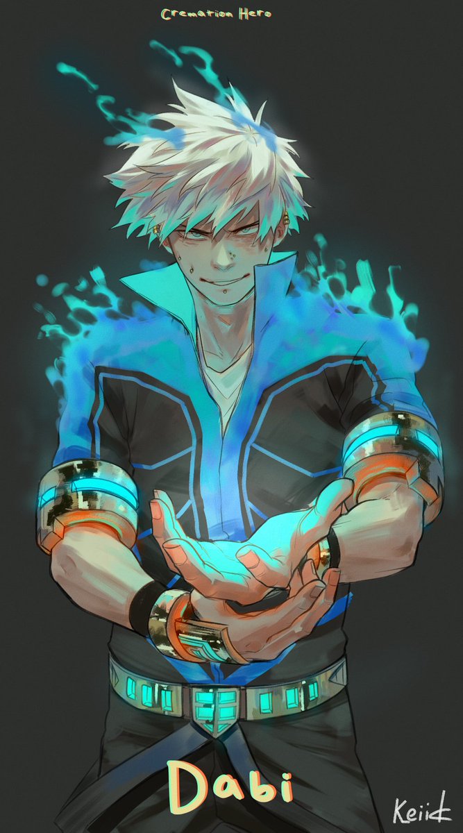 1boy, artist_name, belt, boku_no_hero_academia, character_name, cheek_piercing, dabi_(boku_no_hero_academia), ear_piercing