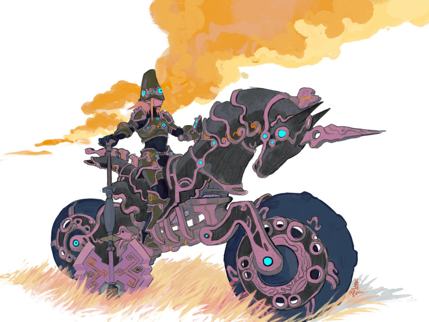 1boy, alternate_costume, ancient_set_(zelda), armor, axe, blonde_hair, clouds, grass