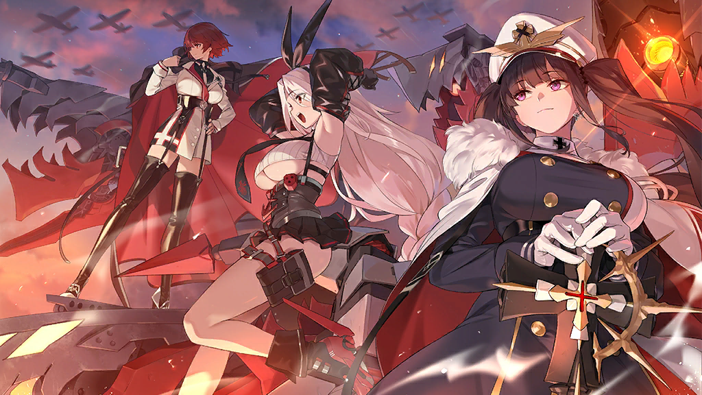 3girls, artist_request, azur_lane, black_hair, boots, cape, fur_trim, garter_straps