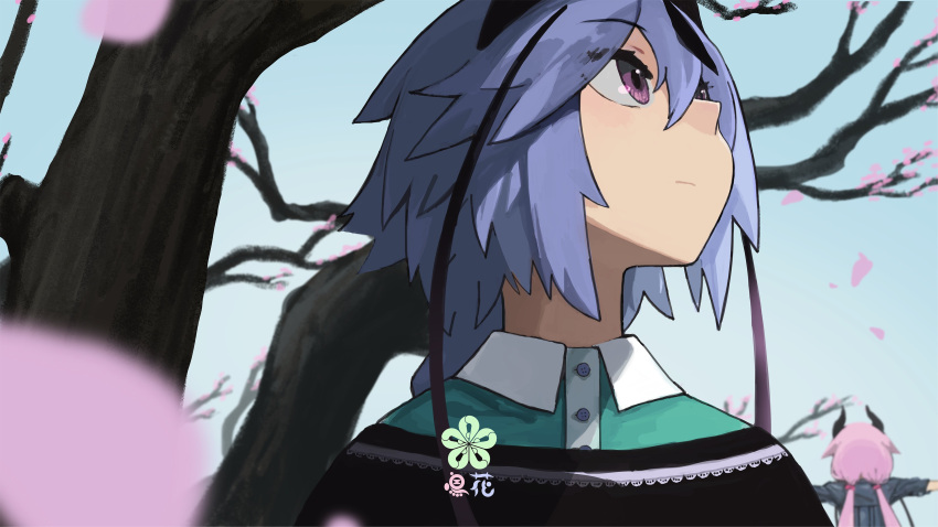 2others, absurdres, blue_hair, blurry, blurry_background, blurry_foreground, branch, cherry_blossoms