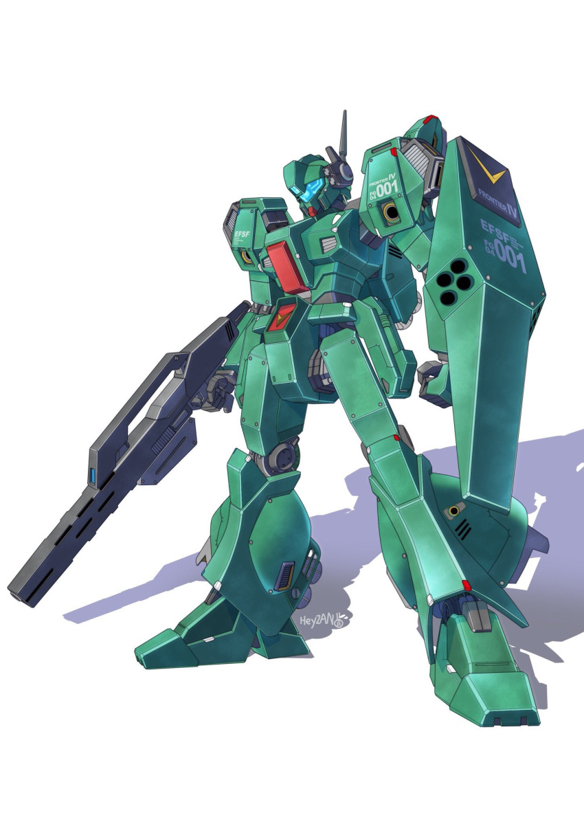 artist_name, beam_rifle, char's_counterattack, energy_gun, gun, gundam, gundam_f91, heyzan, highres, holding, holding_gun, holding_shield, holding_weapon, jegan, looking_down, mecha, mobile_suit, no_humans, science_fiction, shadow, shield, solo, visor, weapon, white_background