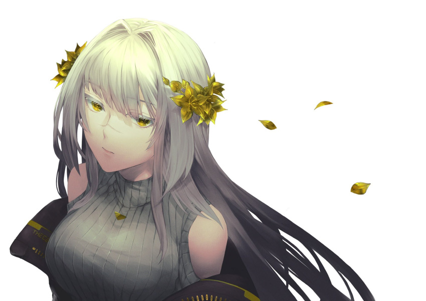 1girl, android, black_jacket, breasts, clothing_cutout, english_commentary, flower, from_above, grey_sweater, hair_flower, hair_ornament, head_tilt, highres, indie_virtual_youtuber, jacket, leaves_in_wind, long_hair, looking_to_the_side, medium_breasts, off_shoulder, shoulder_cutout, solo, sweater, the_cecile_(vtuber), virtual_youtuber, white_background, yellow_eyes, yormund