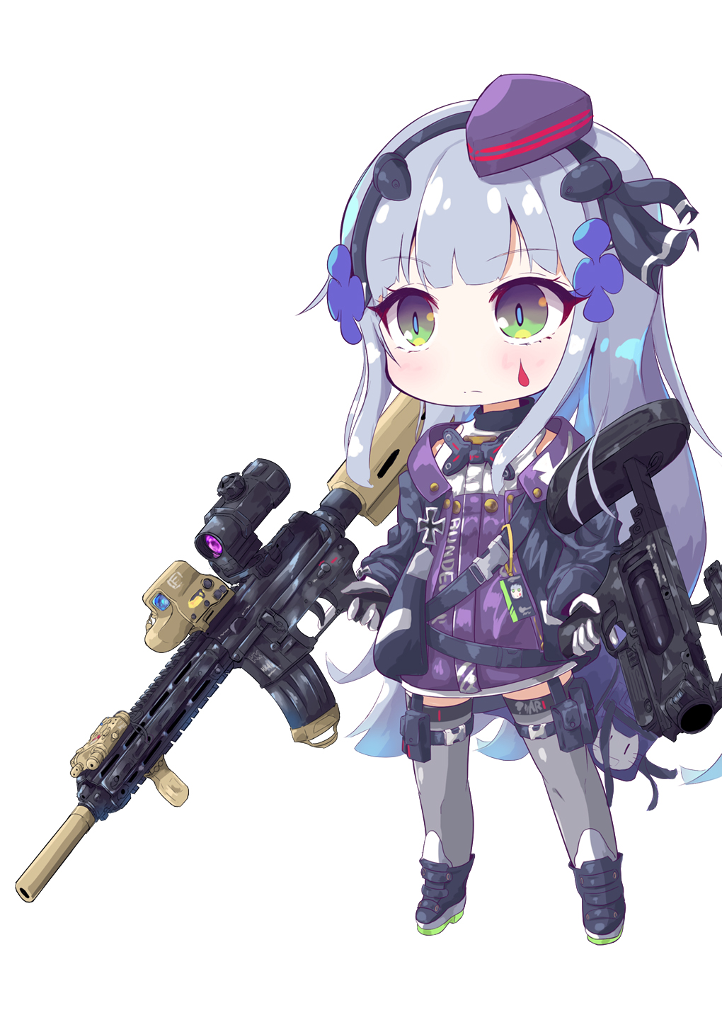 1girl, assault_rifle, bangs, chibi, facial_mark, german_text, girls_frontline, green_eyes
