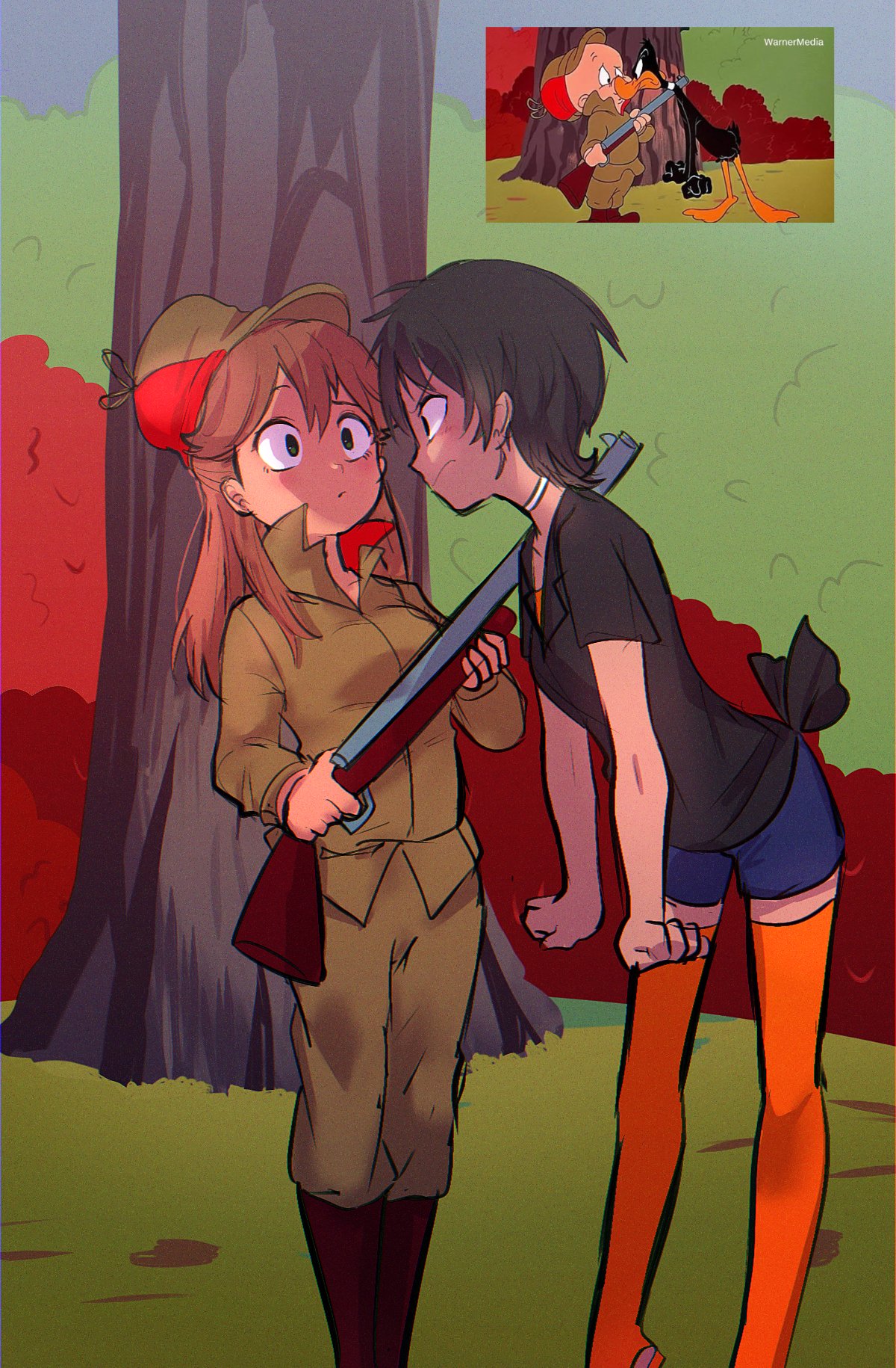 2boys, 2girls, bird, black_hair, brown_hair, comparison, daffy_duck, duck