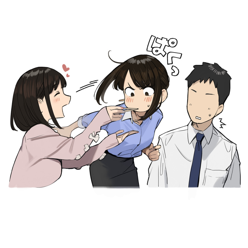 1boy, 2girls, :d, black_skirt, blue_neckwear, blue_shirt, blush, breast_pocket