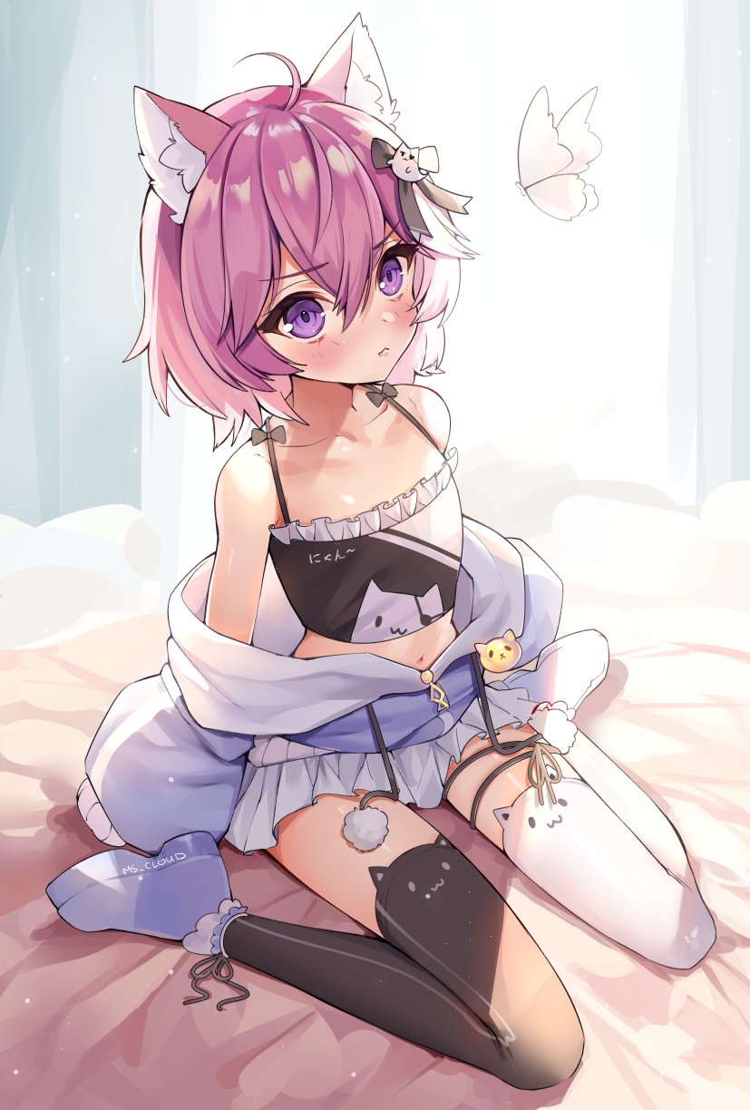 animal_ear_legwear, animal_ears, bangs, bare_shoulders, black_eyepatch, bug, butterfly, cat_ear_legwear