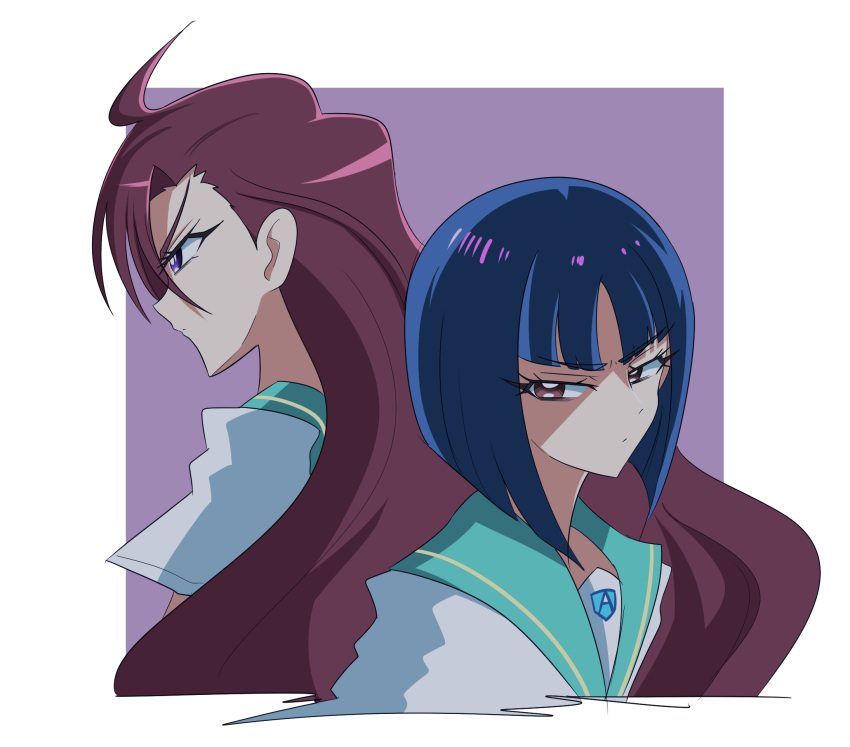2girls, aozora_middle_school_uniform, back-to-back, bangs, blue_hair, blunt_bangs, brown_eyes, closed_mouth