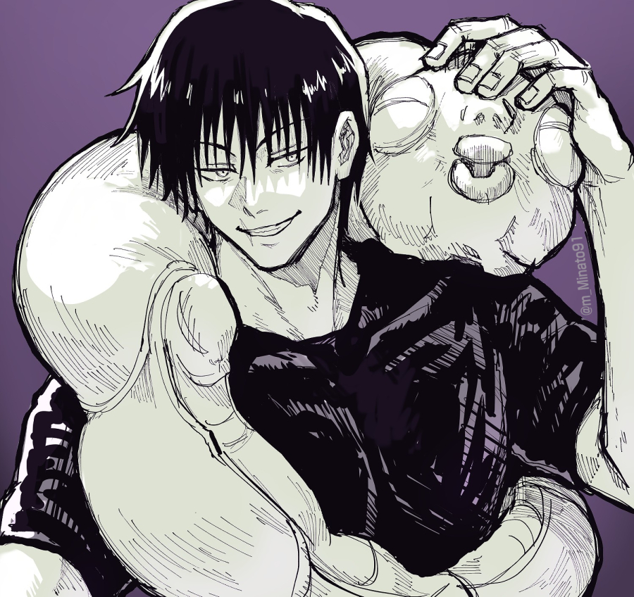 1boy, bangs, fushiguro_touji, greyscale, grin, hair_between_eyes, hand_up, jujutsu_kaisen, looking_at_viewer, male_focus, mike2010, monochrome, monster, petting, purple_background, scar, scar_on_face, shirt, short_hair, short_sleeves, simple_background, smile, solo, twitter_username
