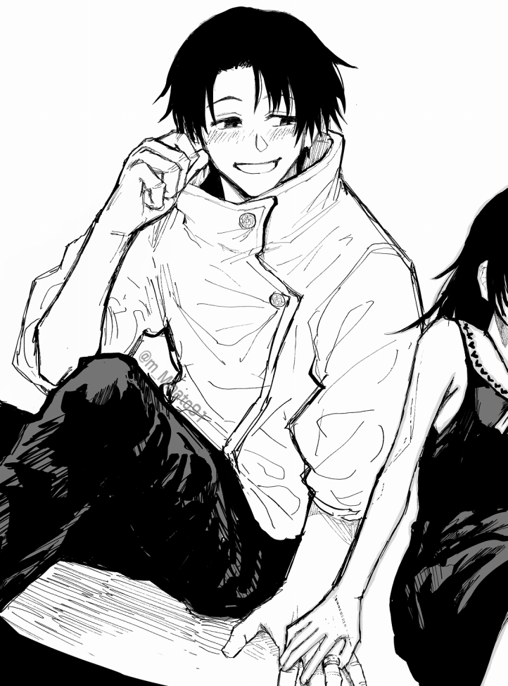 1boy, 1girl, bangs, blush, cowboy_shot, dress, greyscale, hand_on_hand